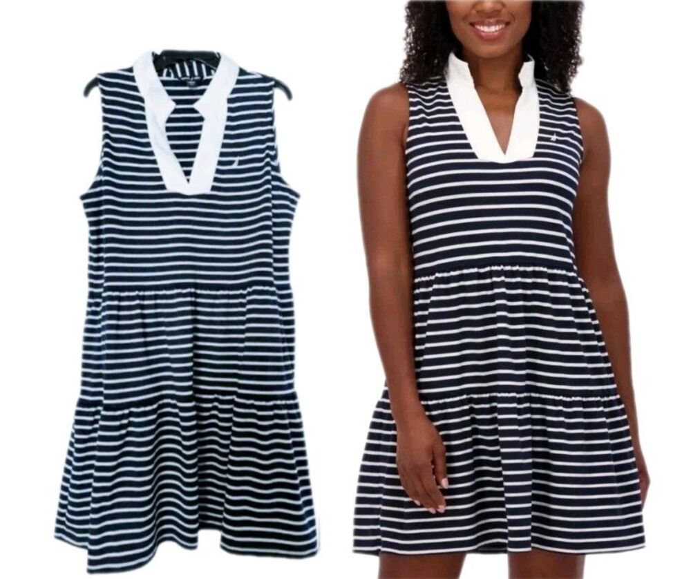 Nautica Jeans Women's Stretchy Tiered Dress Size XL Navy Ivory Stripe Sleeveless